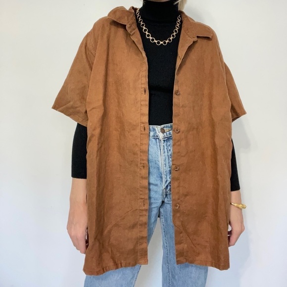 VINTAGE | Camel Brown Oversized Slouchy Linen Button Down Short Sleeve Top - Picture 1 of 6
